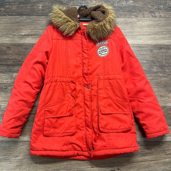 Z & I Jackets & Blazers - Red Fur-Trimmed Women’s Parka Jacket with Army Patch